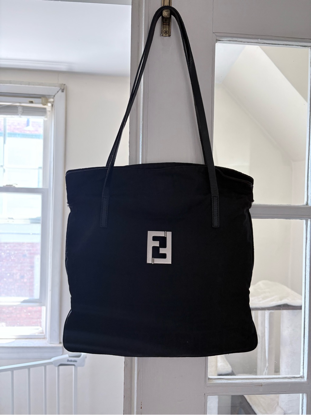 Fendi Black Tote With Silver Ff Plaque